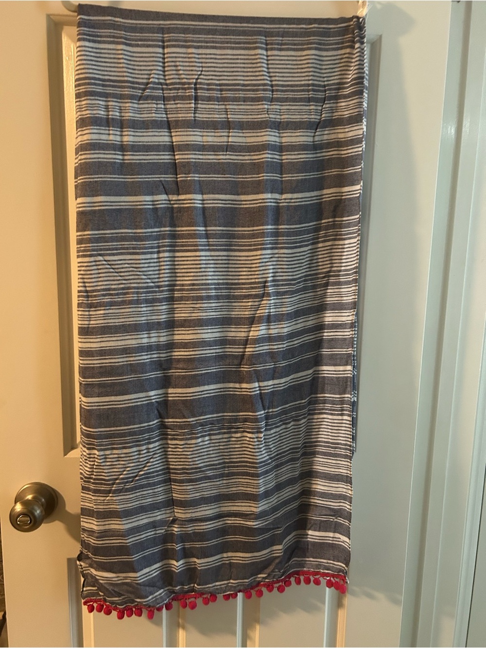 Striped Blue and White Scarf with Pink Pom Trim